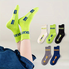 5 Pairs Boy's Striped Letter Crew Socks Cotton Blend Comfy Casual Style