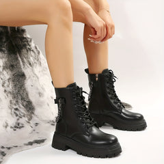 Ankle Combat Boots with Chain Lace Up Side Zipper Short Boots
