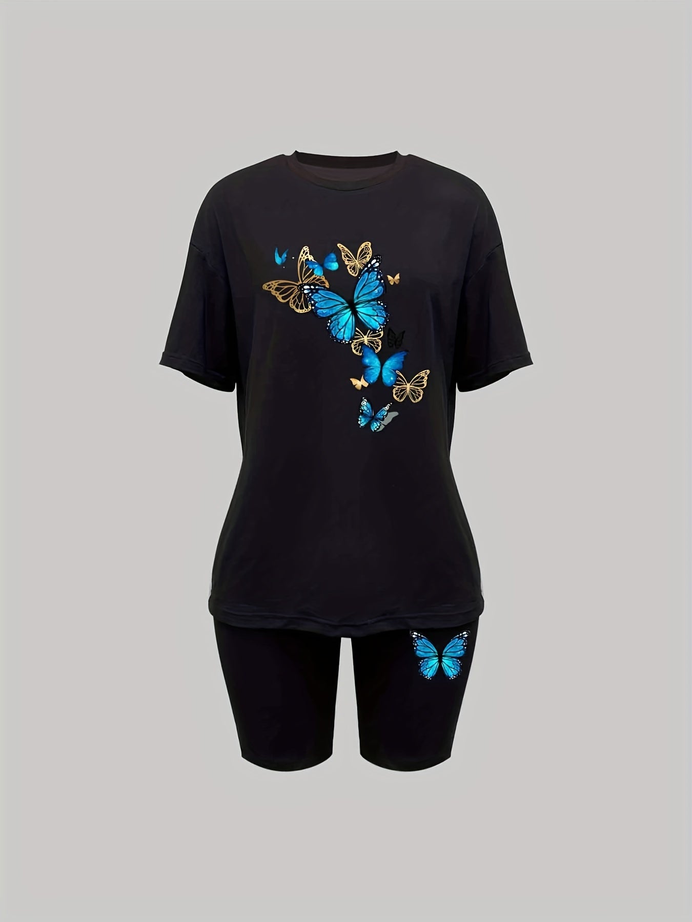 Butterfly Print Two Piece Summer Outfit Short Sleeve T Shirt & Shorts