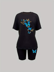 Butterfly Print Two Piece Summer Outfit Short Sleeve T Shirt & Shorts