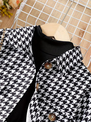 Girls' 3pcs Coat & Turtleneck Top & Skirts Set Houndstooth Print