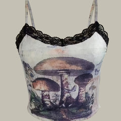 Y2K Mushroom Print Cami Top Contrast Lace Sleeveless Top