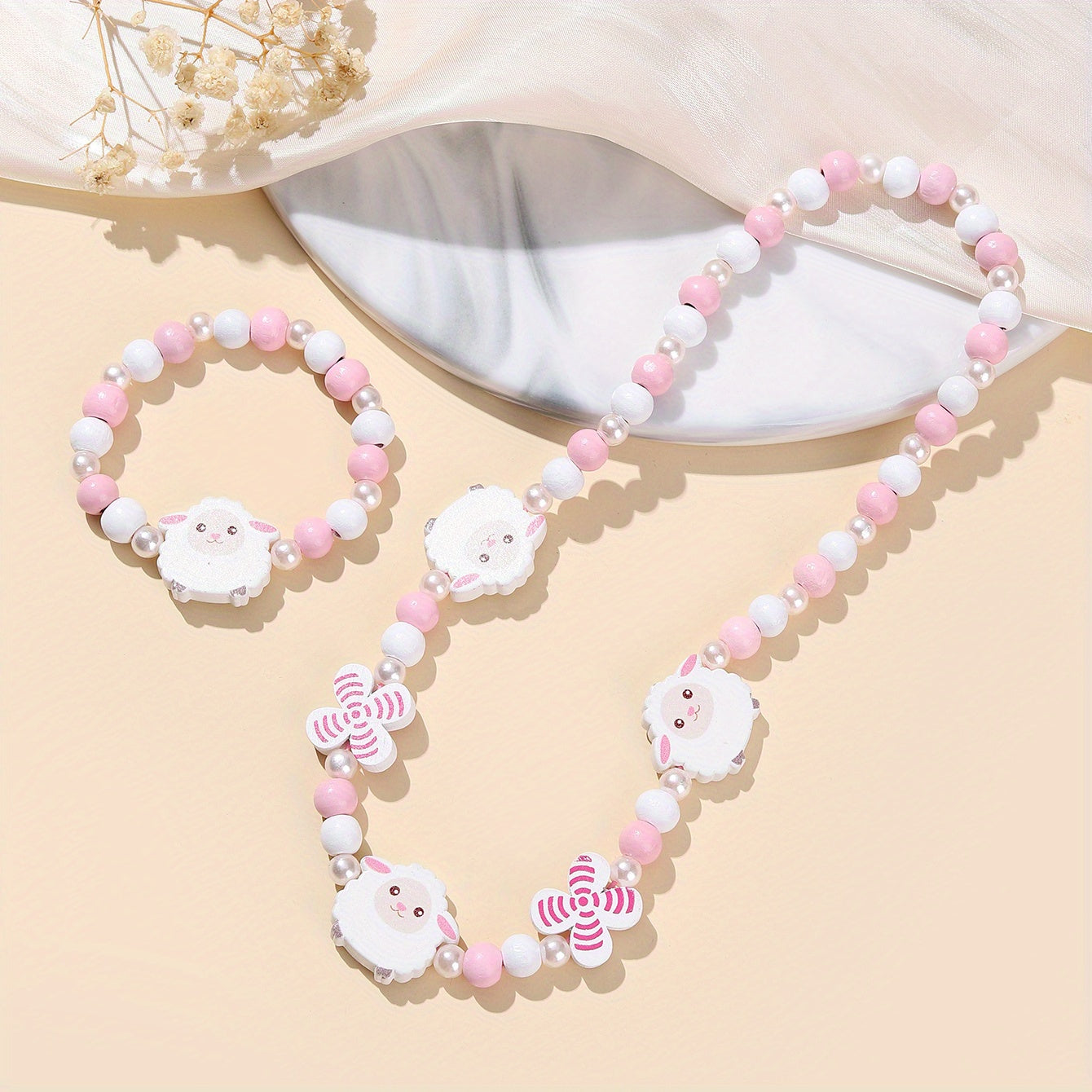 2pcs Cartoon Animal Beaded Necklace Bracelet Set for Girls