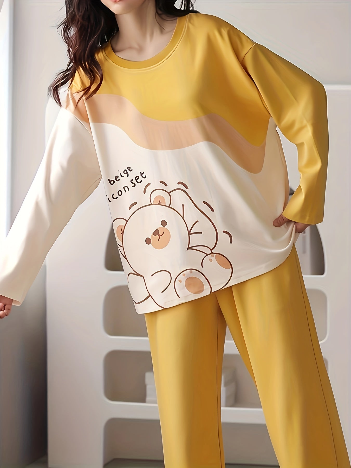 Bear Print Pajama Set Long Sleeve Top & Pants Women's Sleepwear