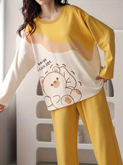Bear Print Pajama Set Long Sleeve Top & Pants Women's Sleepwear