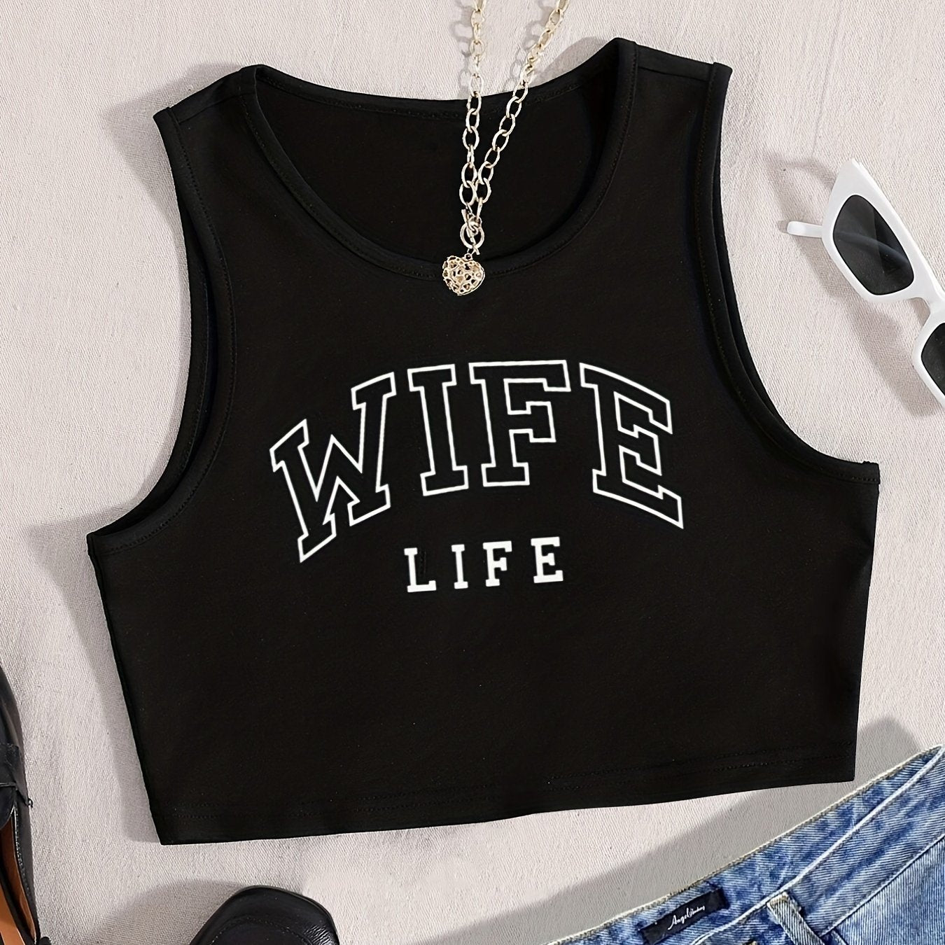Wife Life Print Crop Tank Top Sleeveless Casual Crop Top For Summer