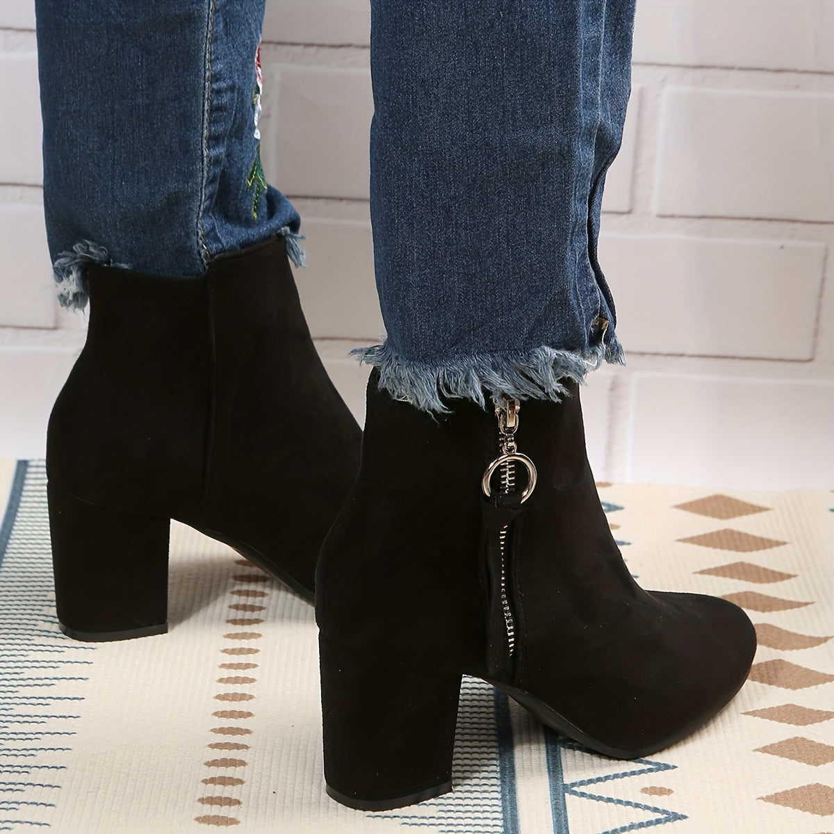 Chunky Heel Ankle Boots Solid Side Zipper High Heels Stylish Short Boots