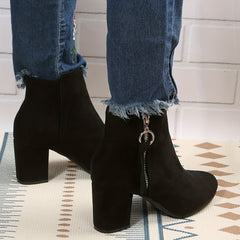 Chunky Heel Ankle Boots Solid Side Zipper High Heels Stylish Short Boots