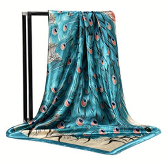 Peacock Printed Square Scarf Silk Satin Scarf Multifunction Sunscreen Shawl