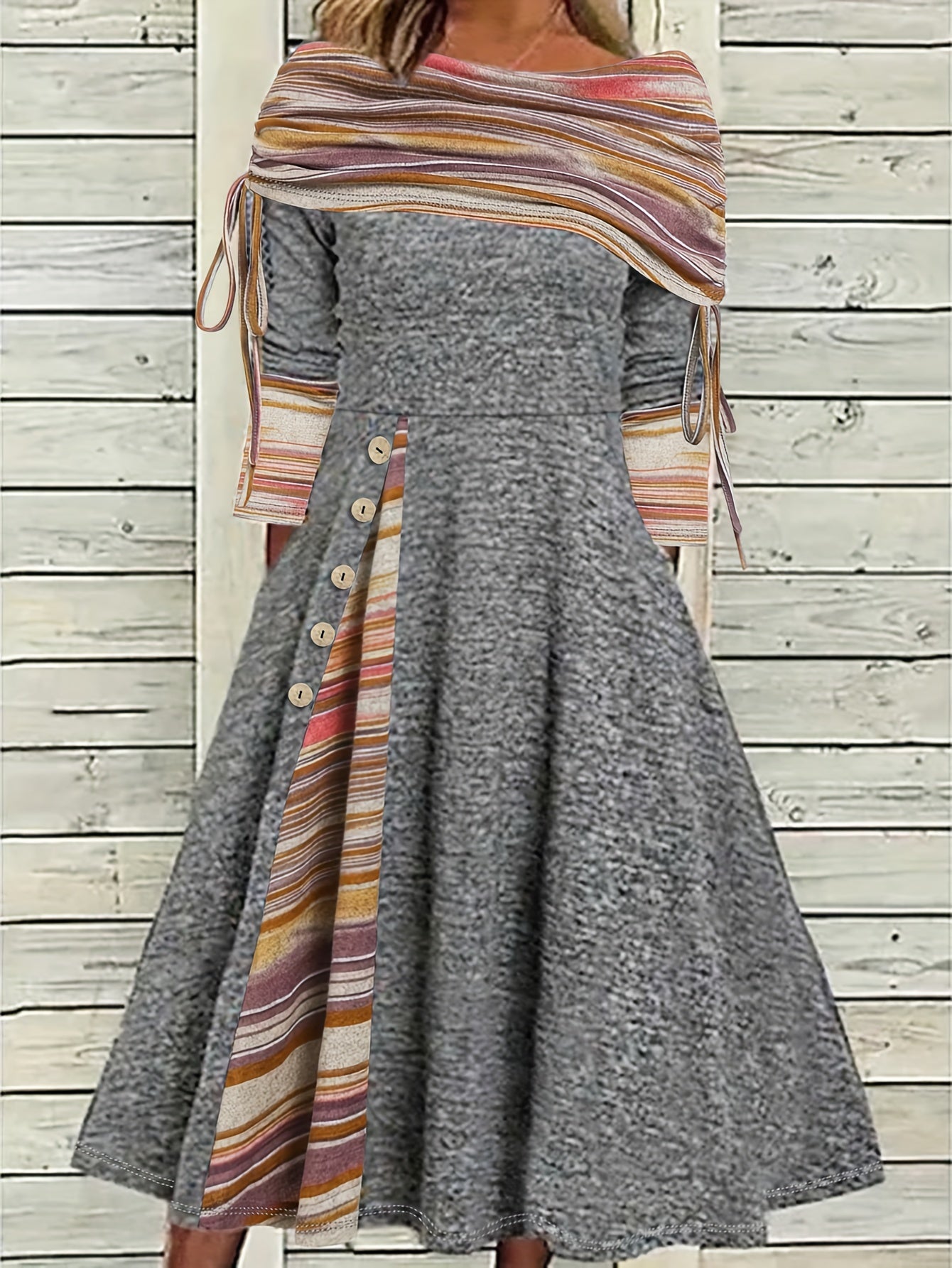 Colorblock Stripe Print Ruched Off Shoulder Dress