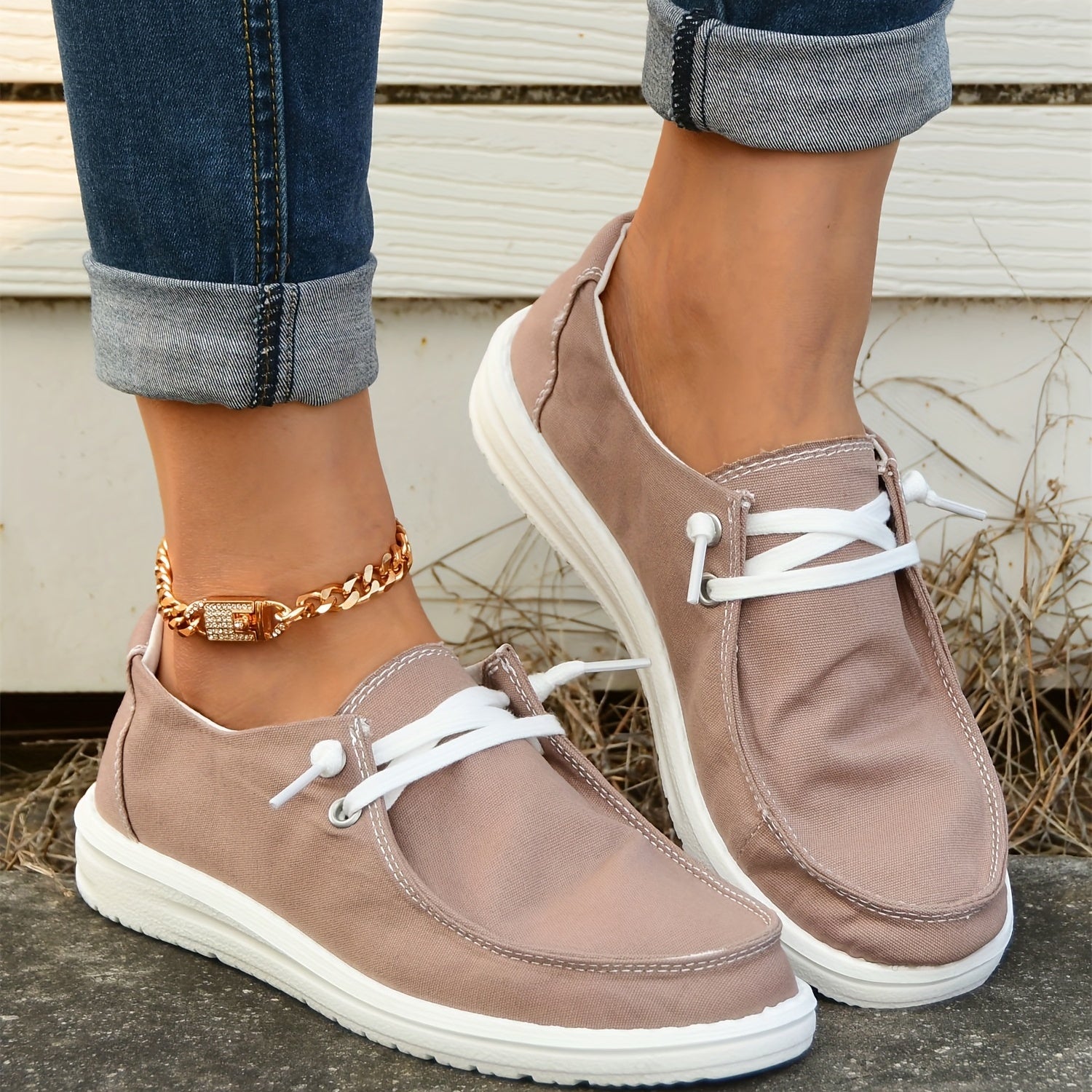 Women's Khaki Boat Shoes Platform Lace Up Canvas Sneakers