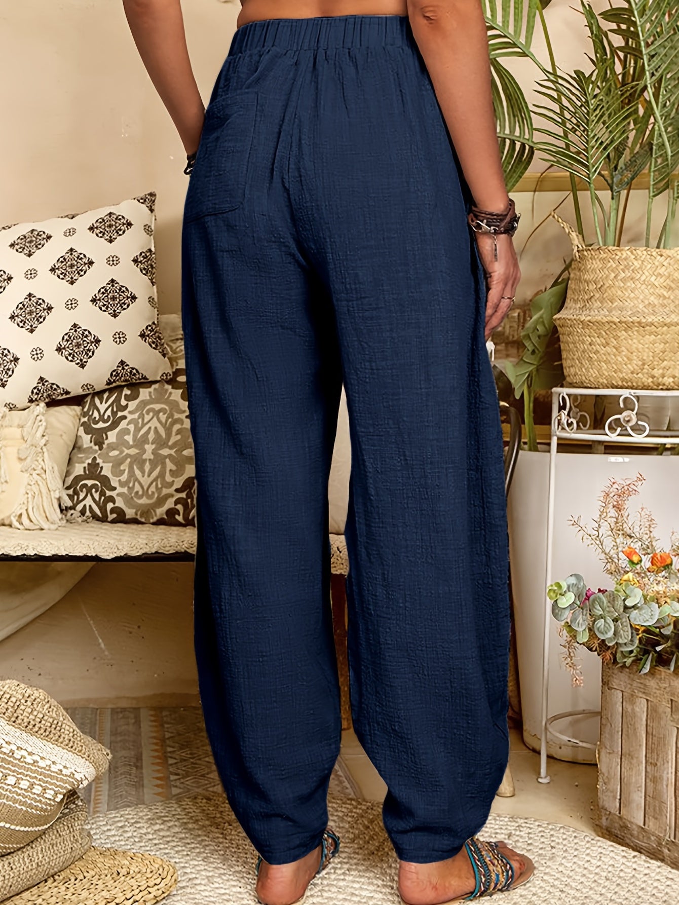 Women's Solid Elastic High Waist Casual Pants