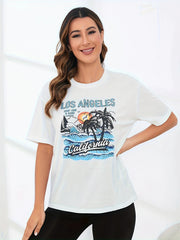 LA Print Crew Neck T Shirt Short Sleeve Casual Sport Tops