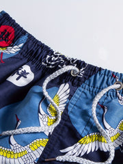 Cloud & Crane Pattern Quick Dry Beach Shorts Men's Waist Drawstring Shorts