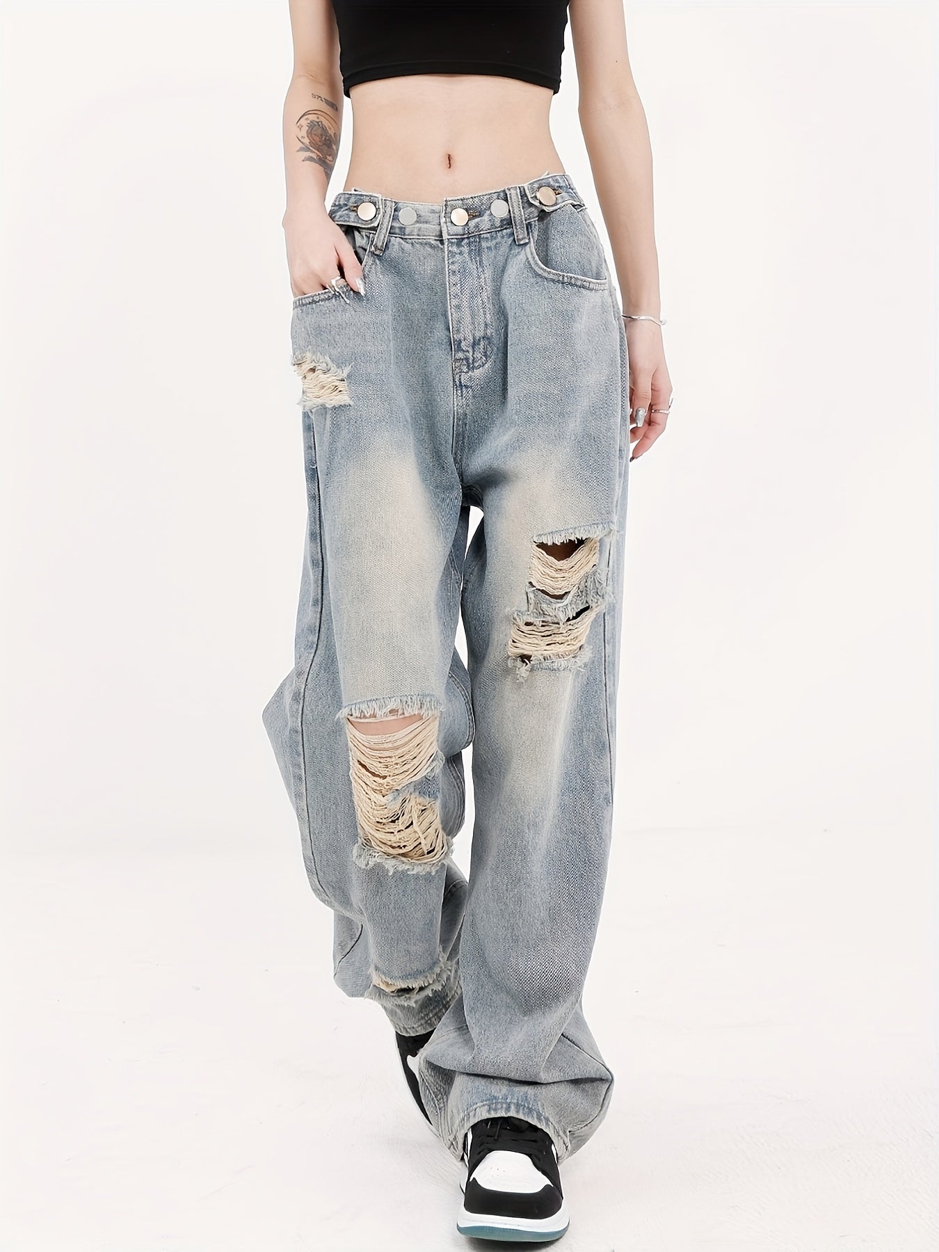 Distressed Straight Jeans Loose Fit Washed Denim Pants