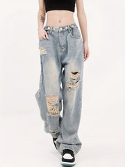 Distressed Straight Jeans Loose Fit Washed Denim Pants