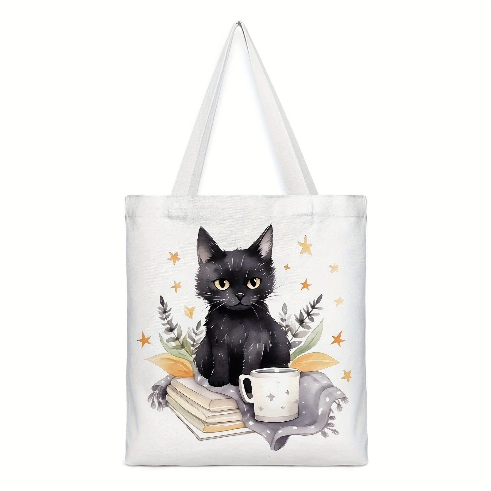 Cat Reading Pattern Canvas Tote Bag Women's Portable Anime Shoulder Bag
