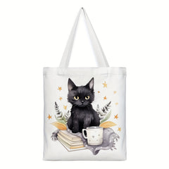 Cat Reading Pattern Canvas Tote Bag Women's Portable Anime Shoulder Bag