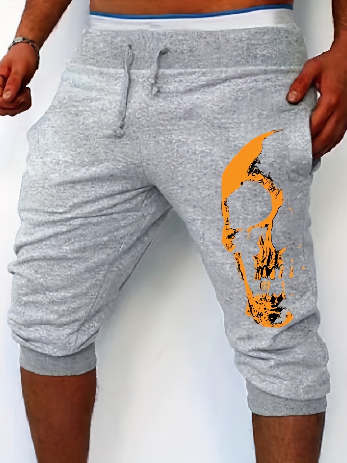 Skull Pattern Comfy Shorts Men's Casual Solid Knee Long Shorts