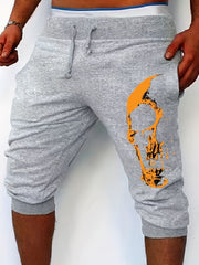 Skull Pattern Comfy Shorts Men's Casual Solid Knee Long Shorts
