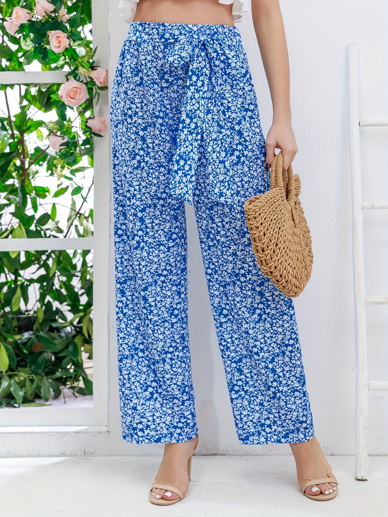 Abstract Print Wide Leg Pants Waist Tie Casual Pants Women's Clothing