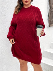 Solid Lantern Sleeve Round Neck Midi Sweater Dress Plus Size