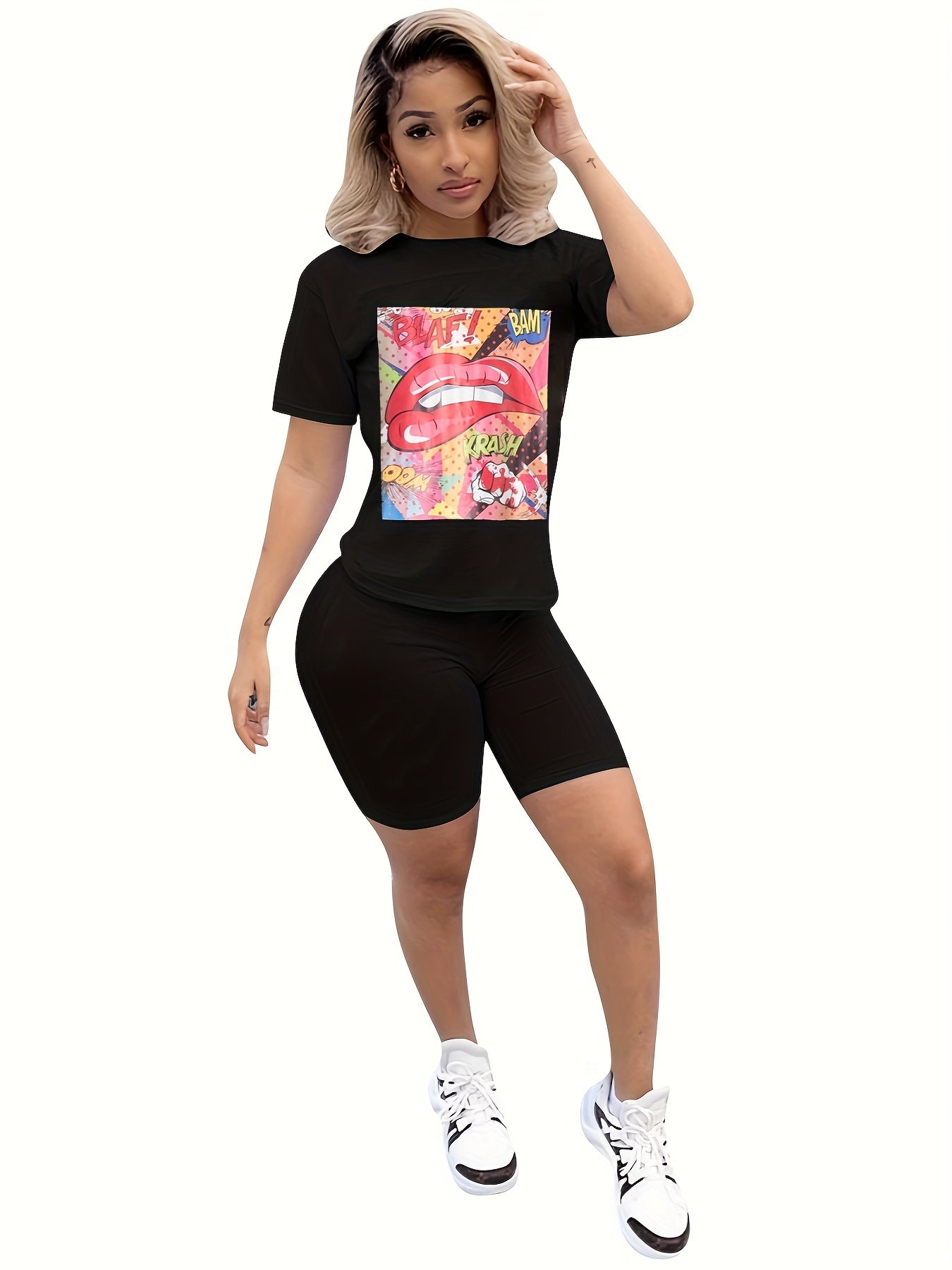 Graphic Print Short Sleeve T shirt & Bodycon Biker Shorts Set