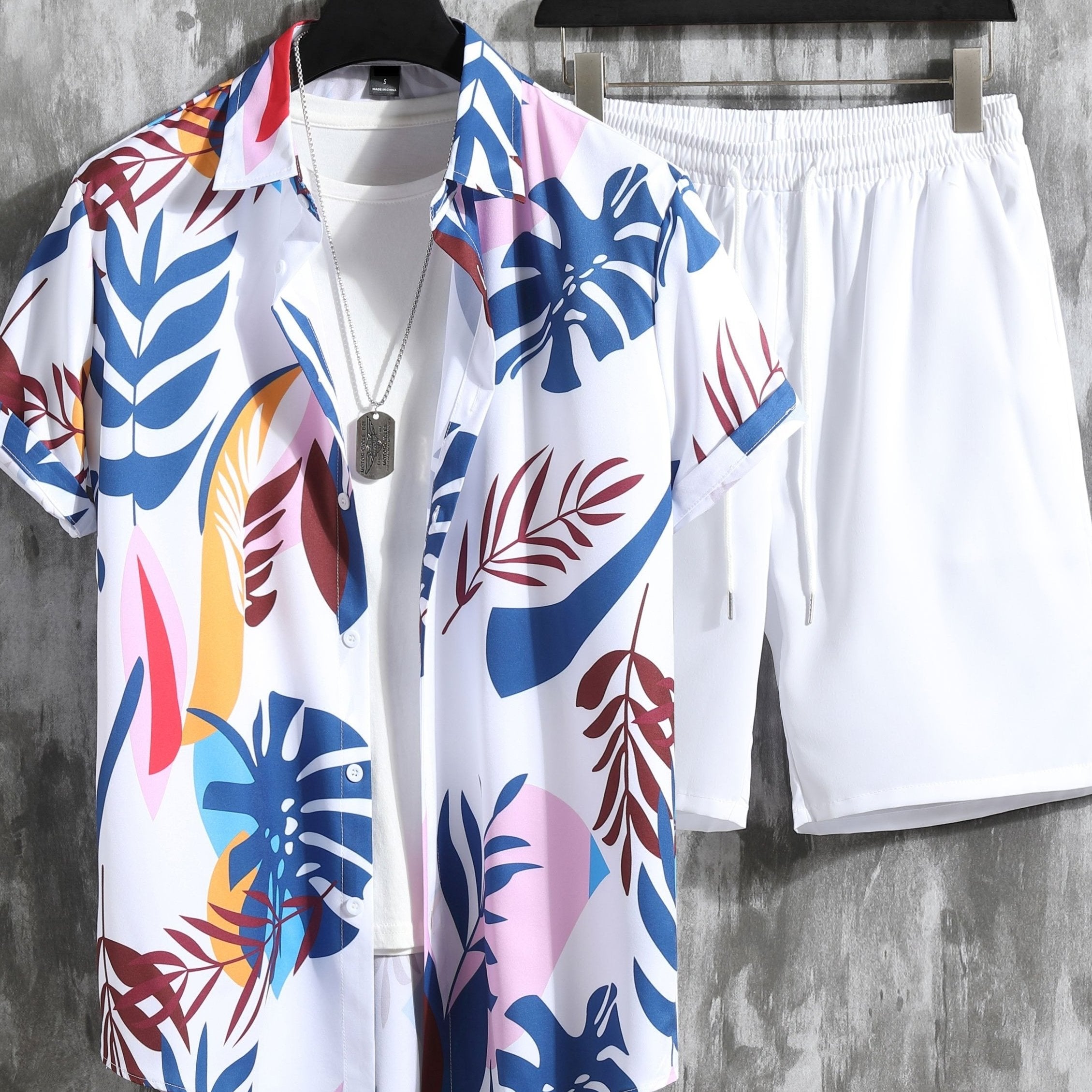 Men's Leaf Print 2Pcs Outfits Camp Collar Hawaiian Shirt & Drawstring Shorts Set