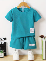 2pcs Toddler Boys Slogan Patched Waffle Knit Tee & Shorts Set
