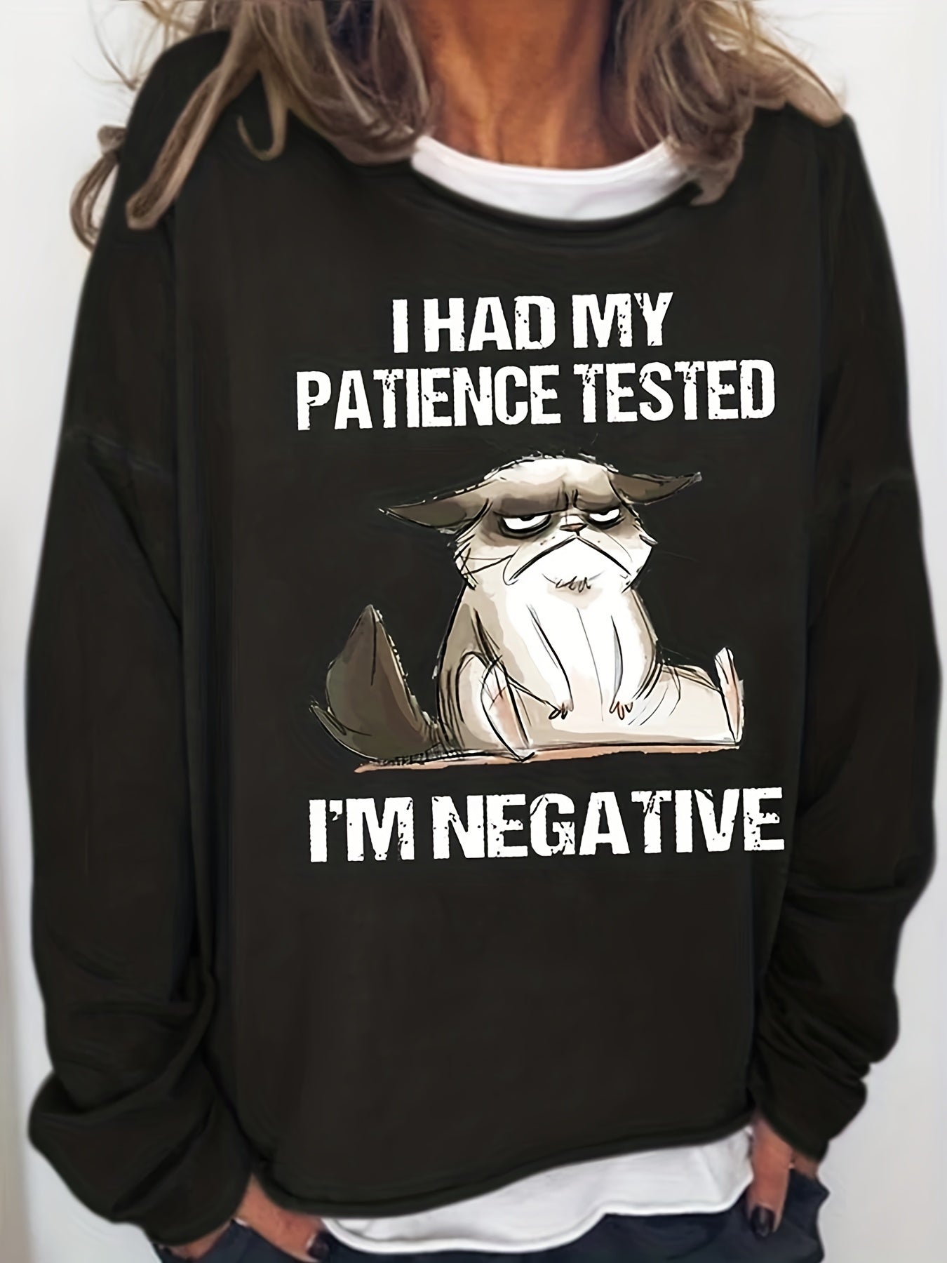 Negative Cat Print Sweatshirt Casual Long Sleeve Sweatshirt