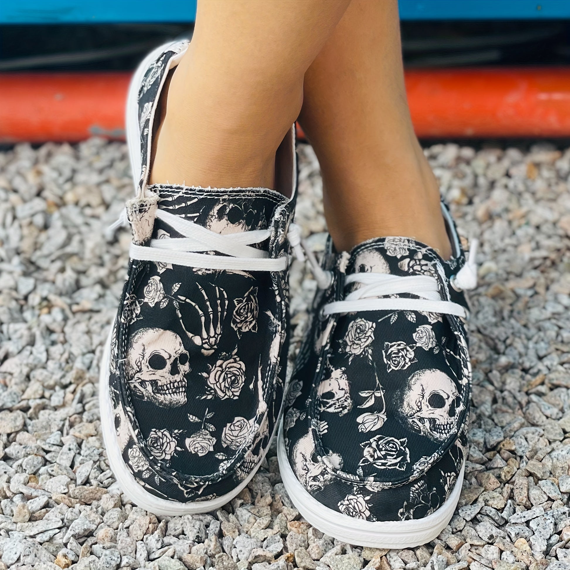 Halloween Scary Skeleton & Floral Print Low Top Sneakers Lightweight