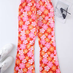 Floral Print High Waist Flare Leg Pants Elastic Waist Pants