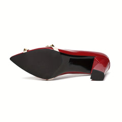 Studded Decor Chunky Heels Cross Strap Pointed Toe Pumps