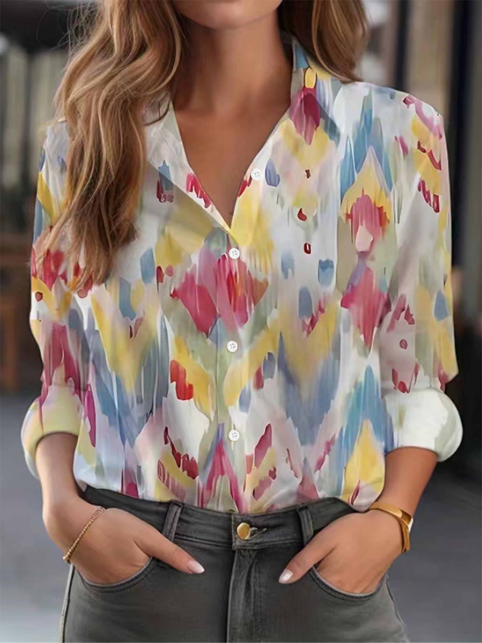 Painting Print Button Up Long Sleeve Top