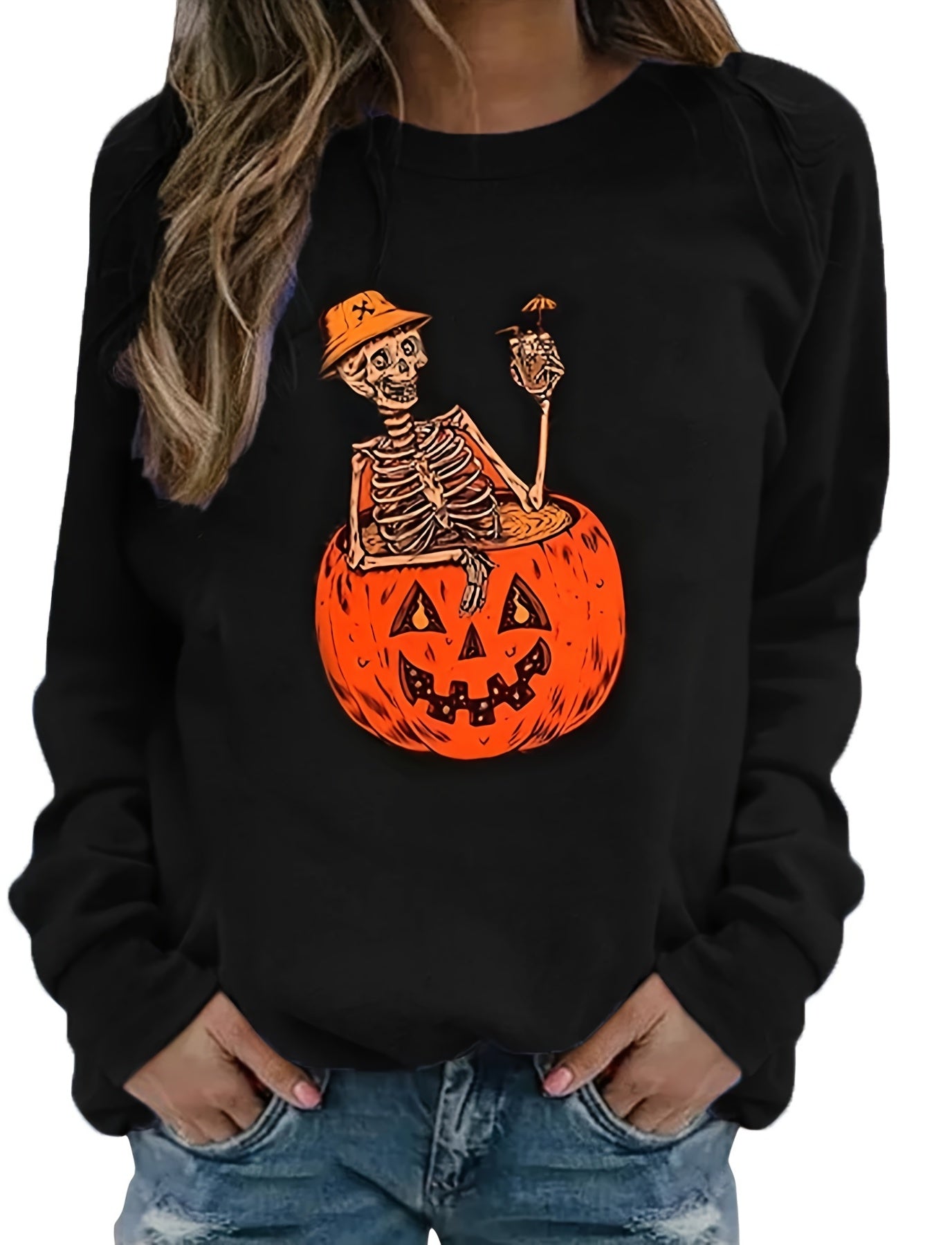 Skeleton & Pumpkin Print Sweatshirt for Halloween