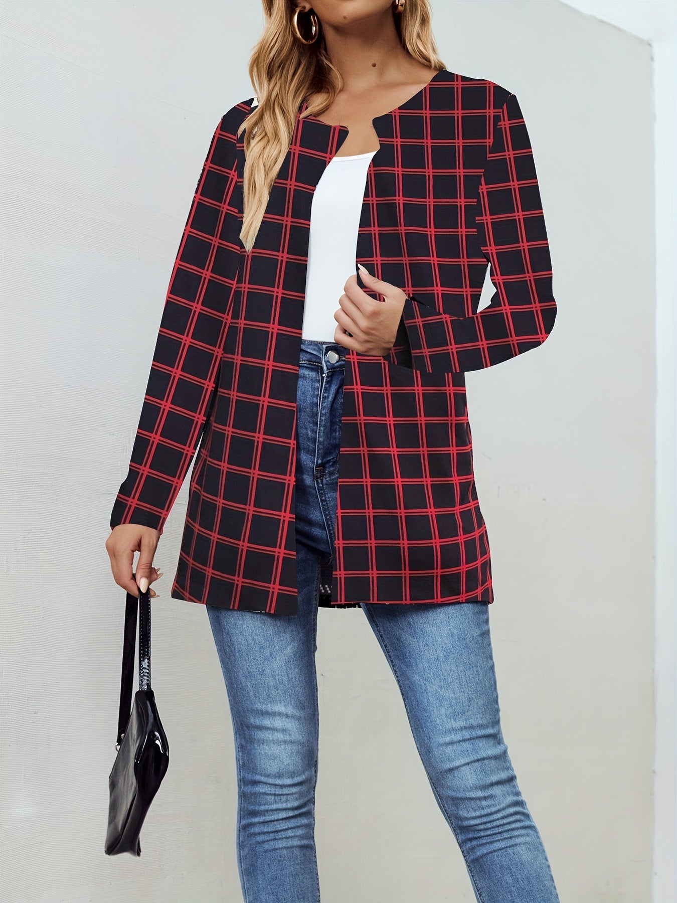 Plaid Crew Neck Jacket Casual Open Front Long Sleeve Jacket