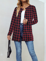 Plaid Crew Neck Jacket Casual Open Front Long Sleeve Jacket