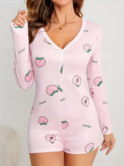 Peach Print Pajama Romper Long Sleeve V Neck Buttons Pajamas