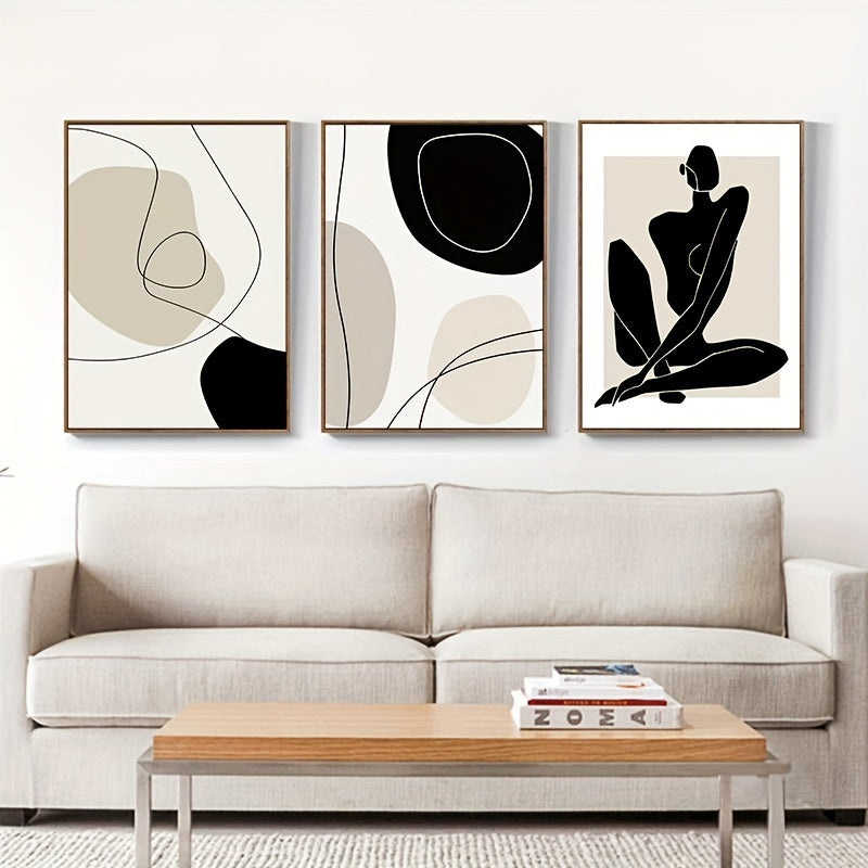 Set Of 3 Boho Matisse Canvas Poster Beige Abstract Line Art Canvas Paintings