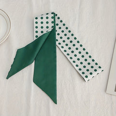 Green Dotted Print Skinny Scarf Hair Ribbon Neckerchief Satin Twilly Scarf