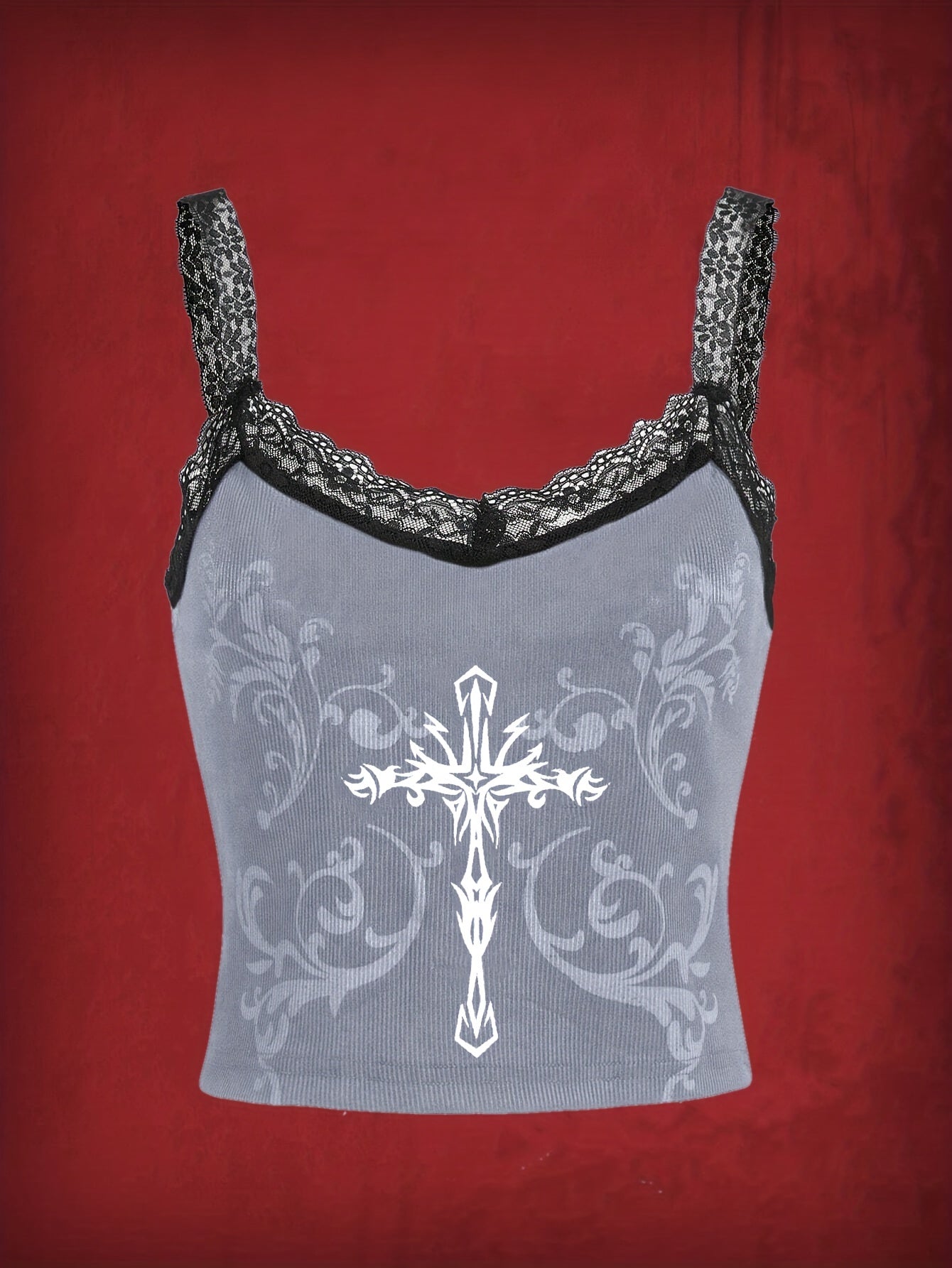 Gothic Cross Print Lace Cami Top Sleeveless Grunge Summer Top