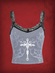 Gothic Cross Print Lace Cami Top Sleeveless Grunge Summer Top