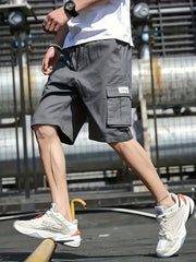 Men's Cotton Cargo Shorts Casual Solid Knee Length Elastic Waist