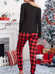 Christmas Lounge Set Women's Plus Letter Print One Shoulder Top Plaid