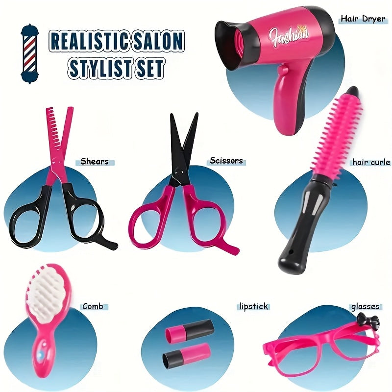 Girls' Hair Tool Playset Makeup Dress Up Toys Realistic Hair Dryer Brushes Sciss