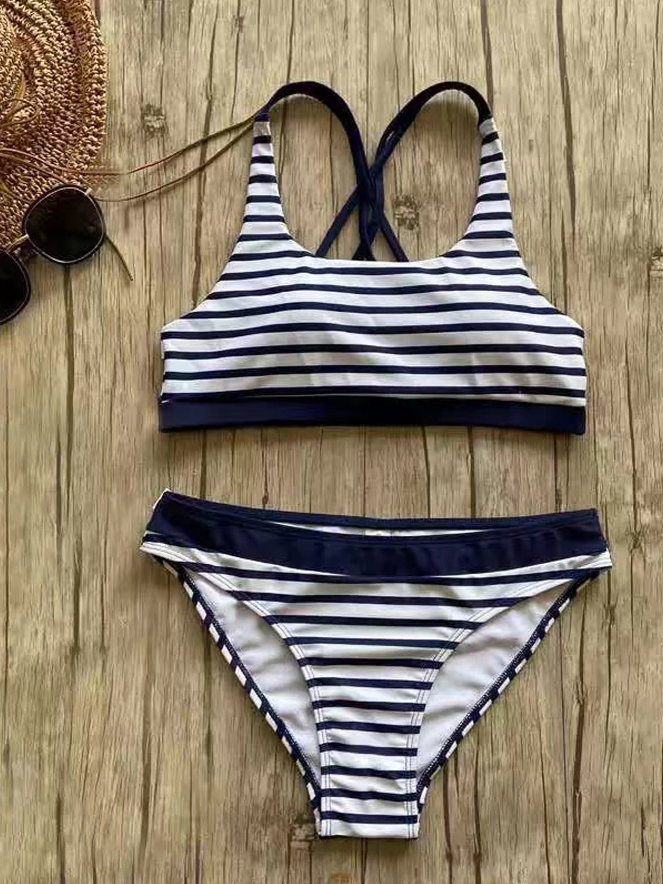 Striped Contrast Trim Wide Straps Low Waist Bikini Set