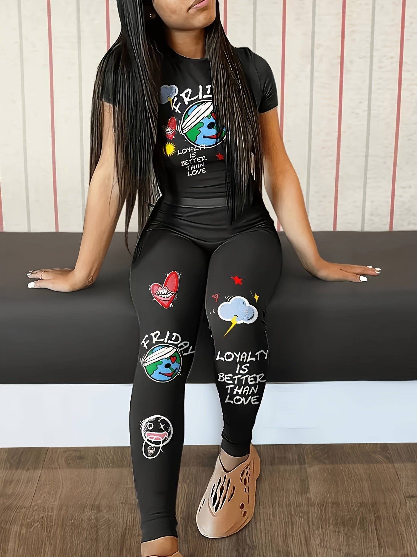 Women's Plus Graphic & Letter Print Short Sleeve Top & Leggings Set