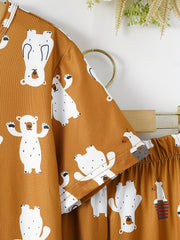 Boys Bear Print Pajama Set Tee Top & Pants Kids Loungewear 2pcs Set