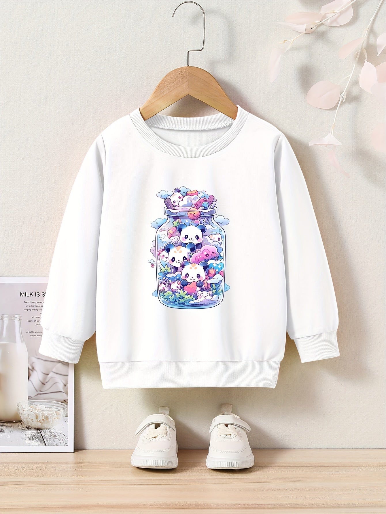 Cartoon Panda Print Sweatshirt Girls Graphic Crew Neck Pullover Sweatshirt