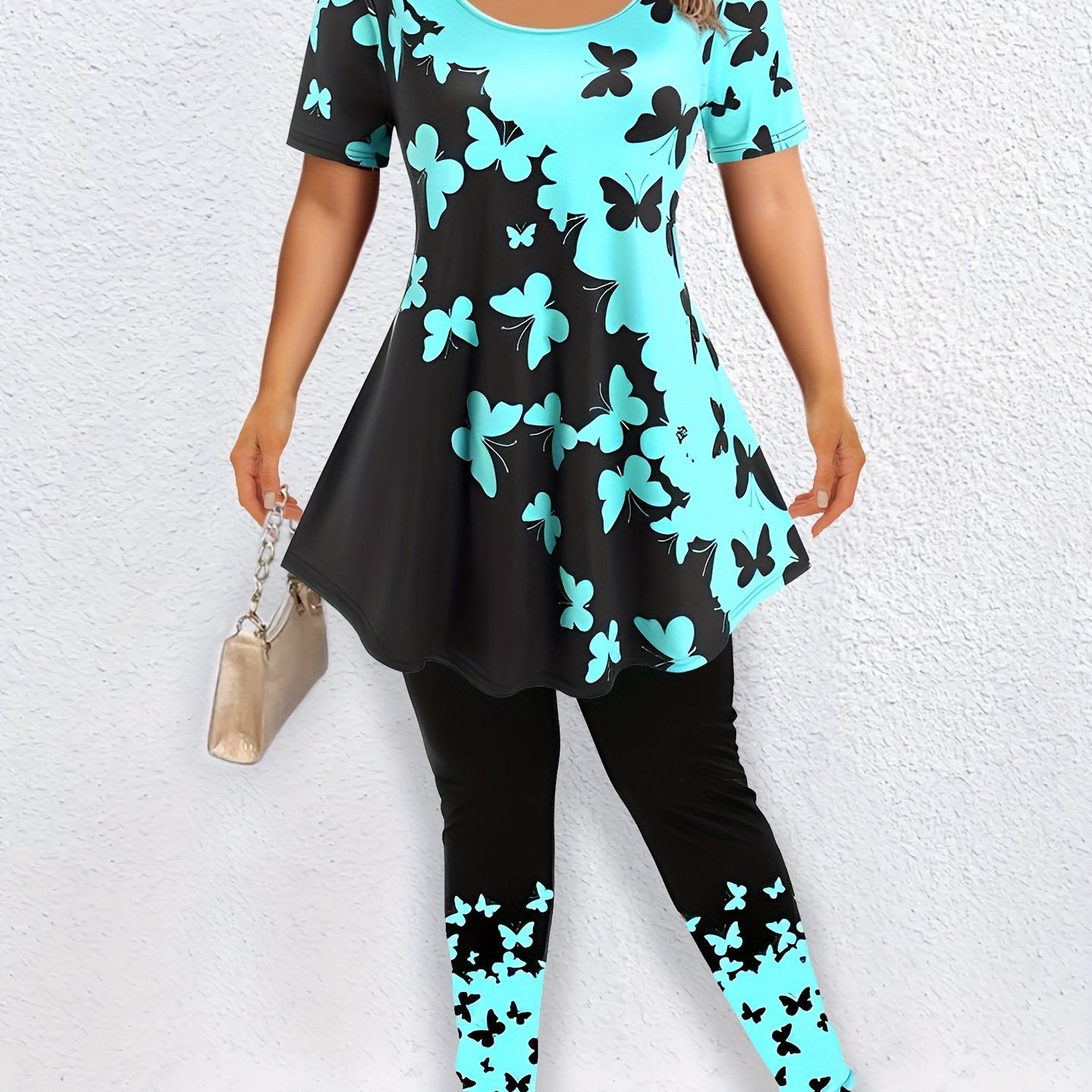 Colorblock Butterfly Print Top & Leggings Set